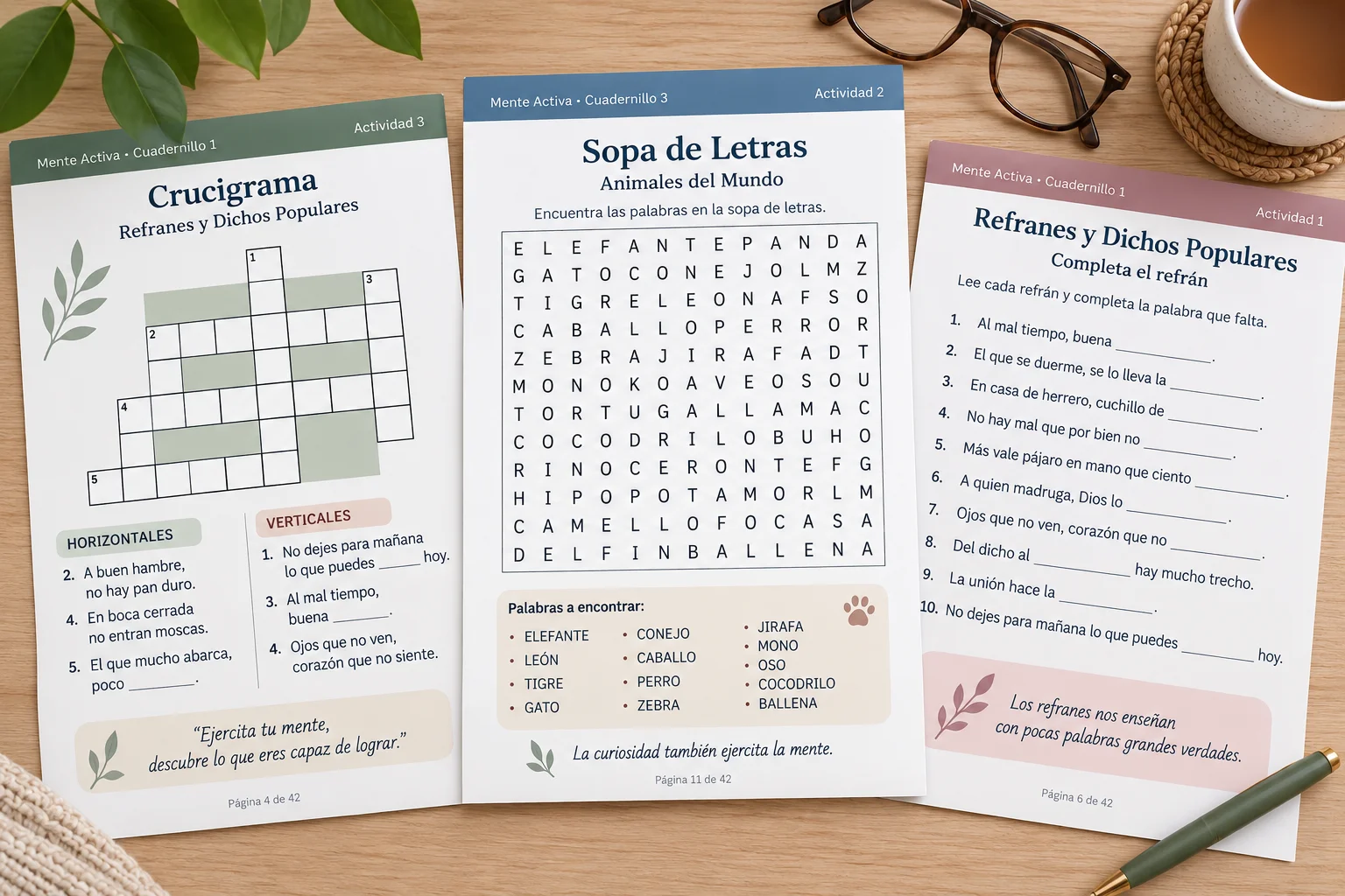 Cuadernillos reales de Mente Activa impresos con crucigrama, sopa de letras y refranes