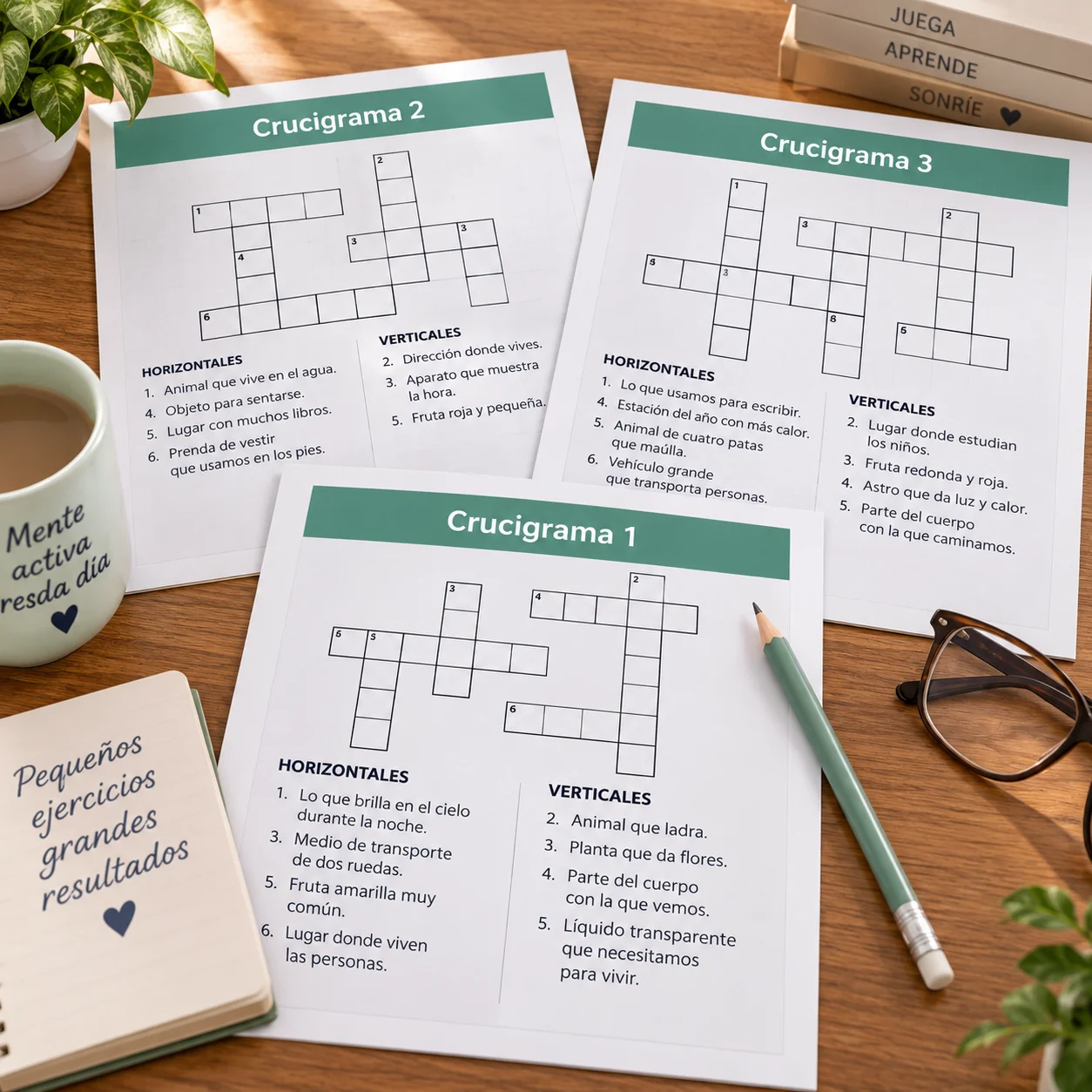 Crucigramas impresos de Mente Activa con letra grande y ejercicios de palabras